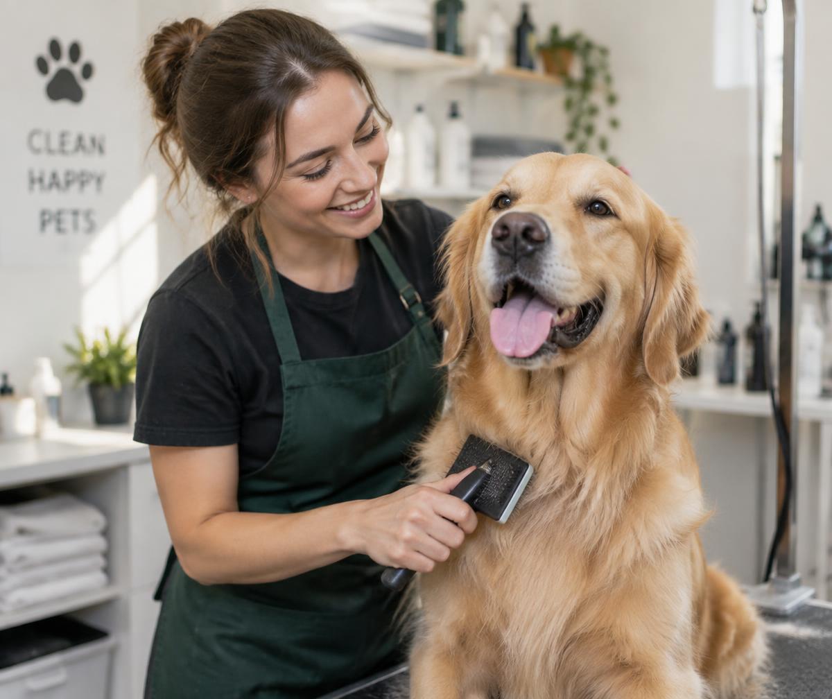 Profissional de avental verde escovando com cuidado um cachorro golden retriever