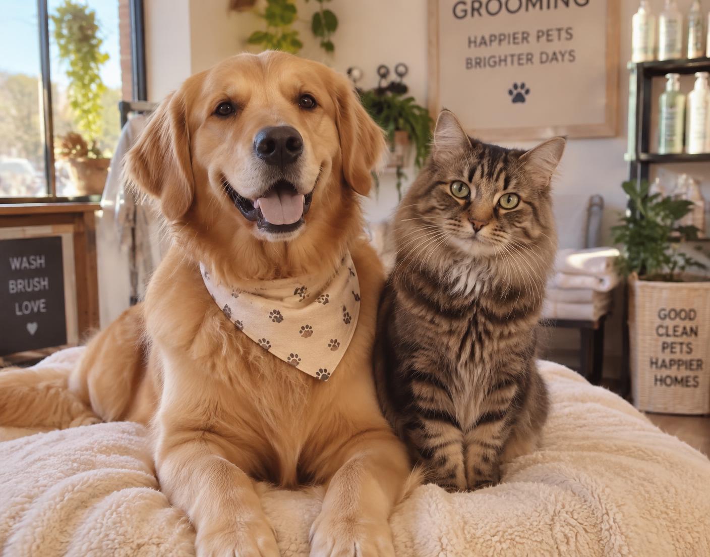 Cachorro golden retriever e gato tigrado limpos e felizes em um pet shop acolhedor